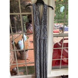 Tart Collections Adriana Blue and White Geometric V Neck Halter Maxi Dress-M